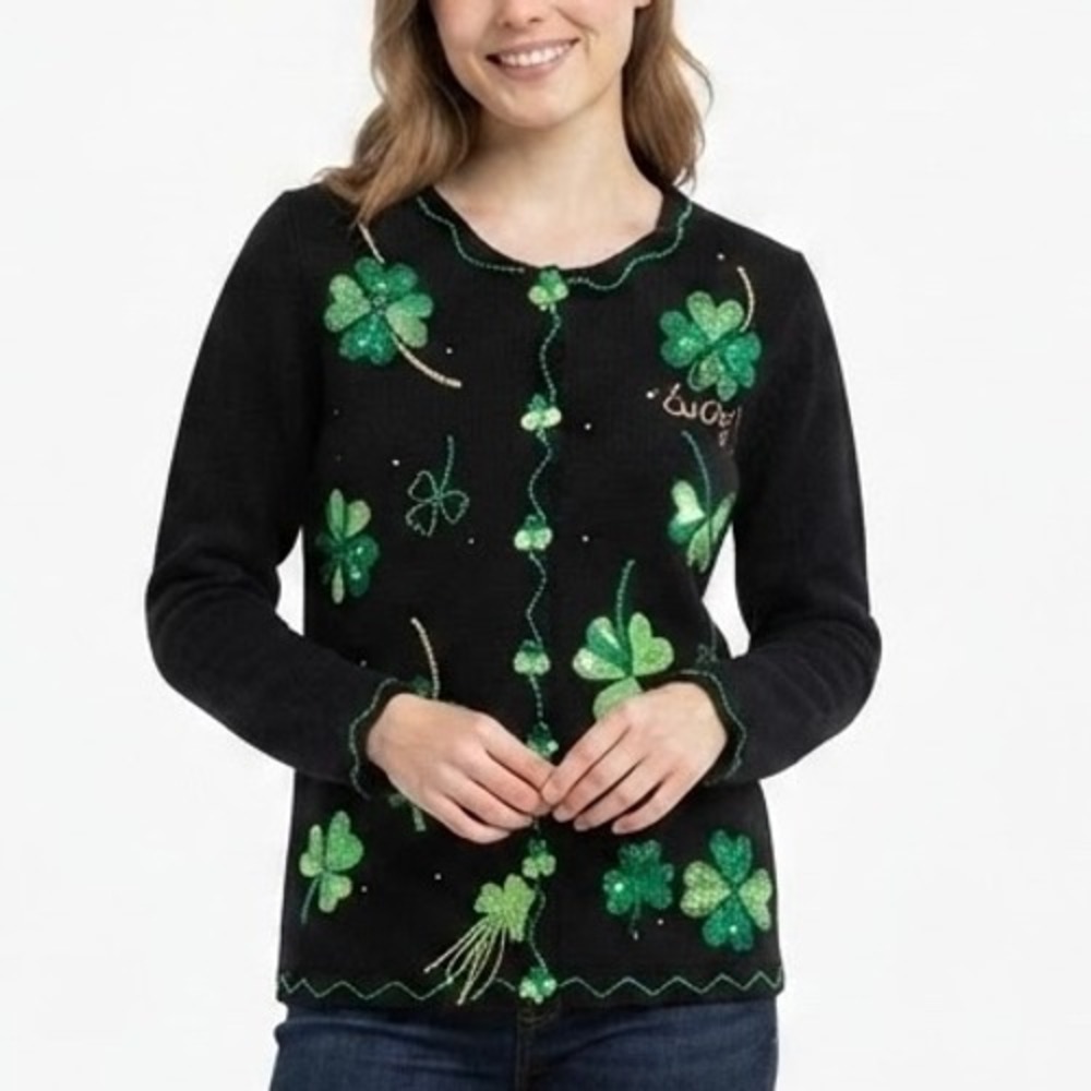 Quacker Factory Embroidery Embelliched with Peals Cardigan Velvet Trim Small